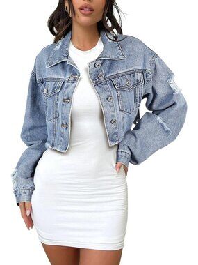 Women's Blue Cropped Jean Jacket Dressy Fashion Outfit Frayed Hem Denim Jacket